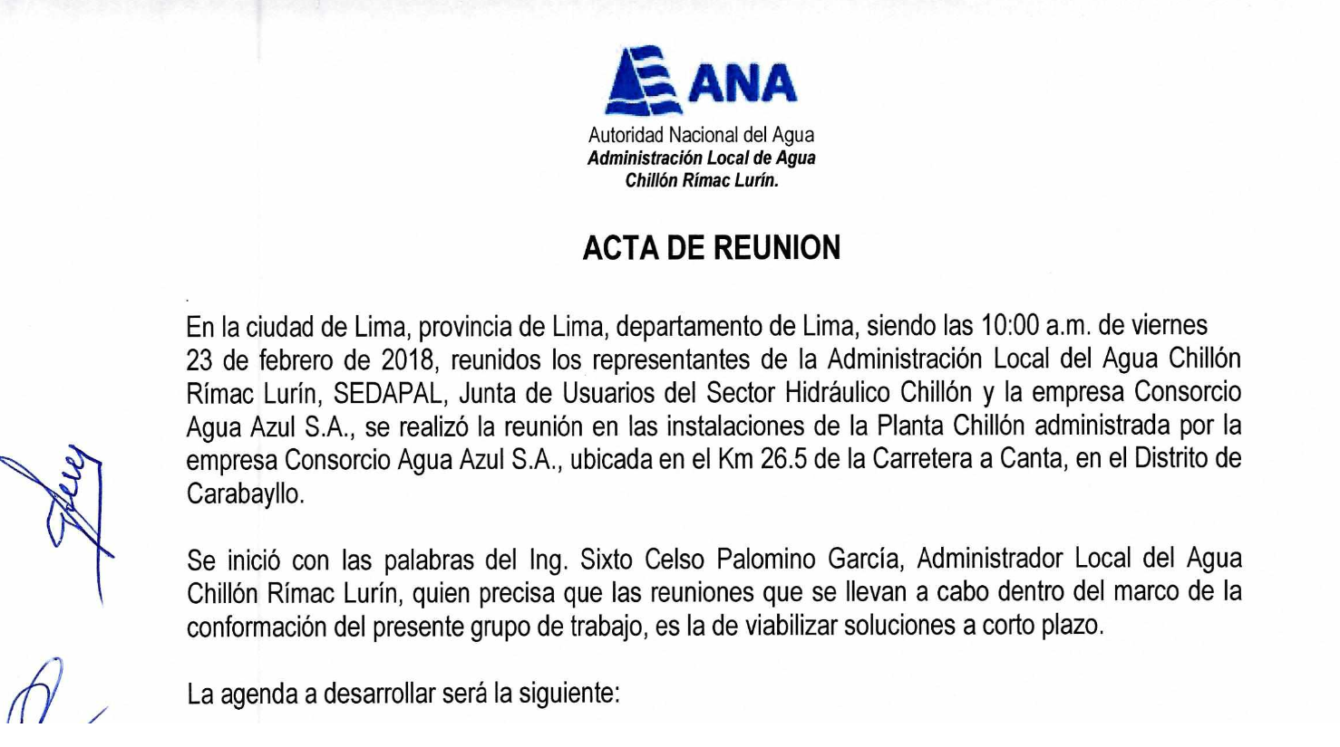 Acta de Reunion del Grupo de Trabajo Multisectorial de la Cuenca del Rio Chillon