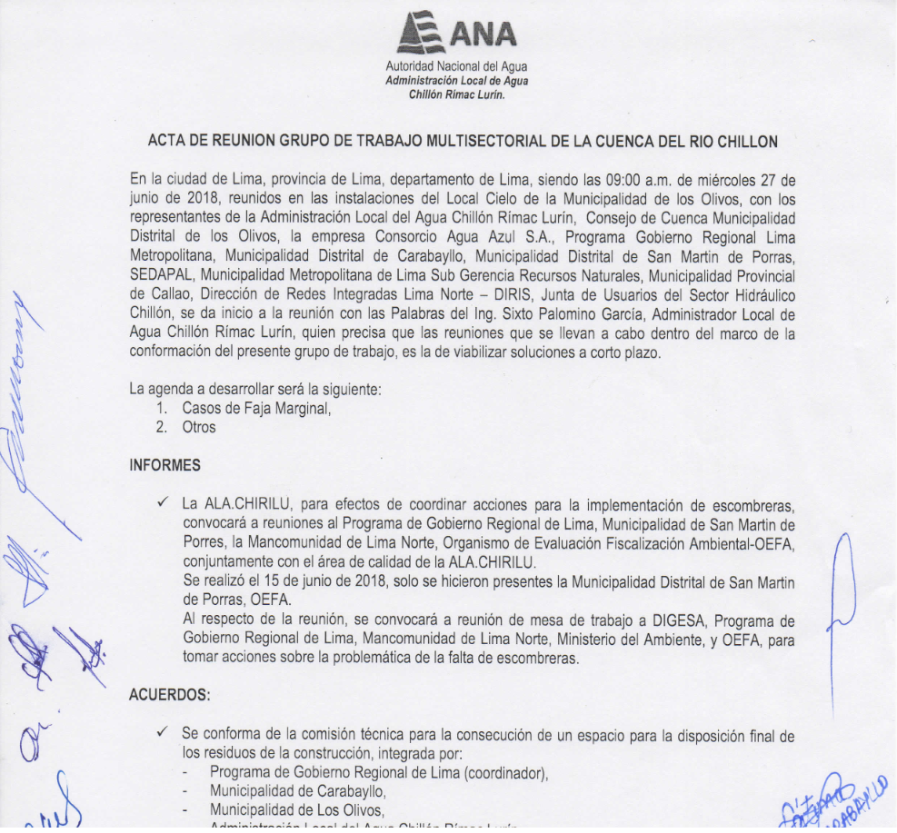 Acta de Reunion del Grupo de Trabajo Multisectorial de la Cuenca del Rio Chillon