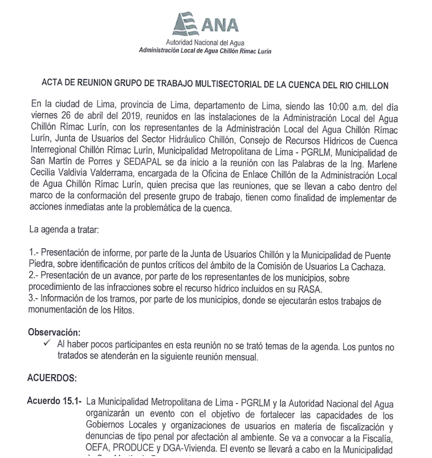 Acta de Reunion del Grupo de Trabajo Multisectorial de la Cuenca del Rio Chillon