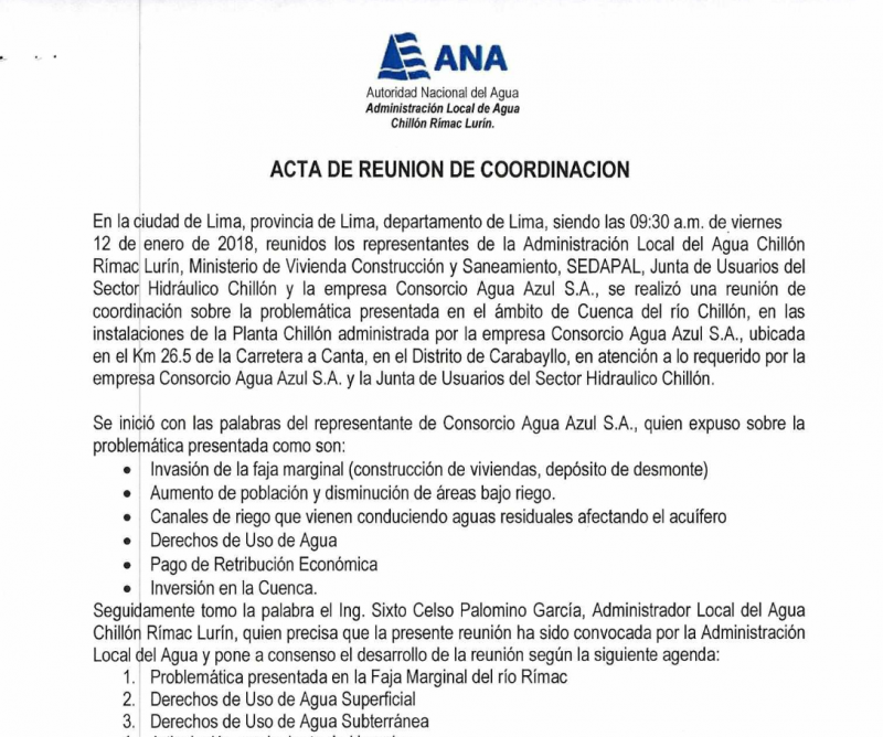 Acta de Reunion del Grupo de Trabajo Multisectorial de la Cuenca del Rio Chillon.