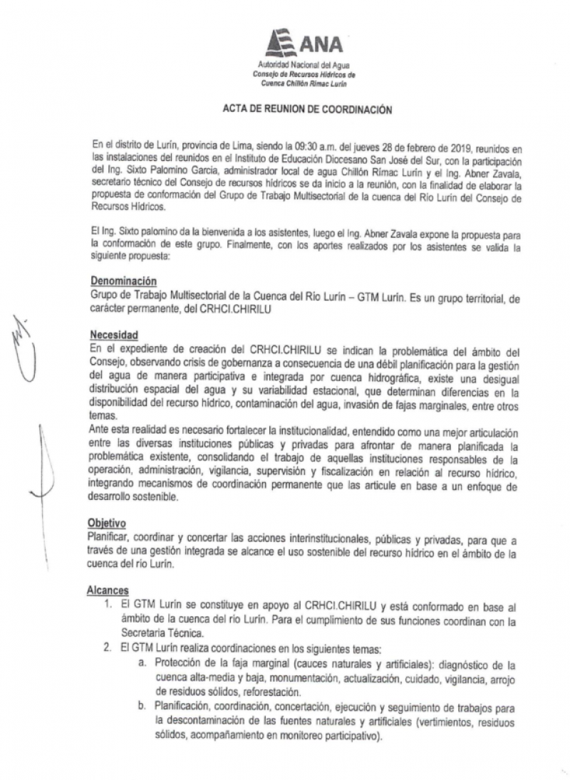 Acta de la Primera Reunión de Coordinación del Grupo de Trabajo Multisectorial de la Cuenca del Río Lurín