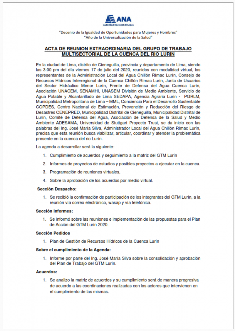 Acta de la Séptima Reunión Extraordinaria del Grupo de Trabajo Multisectorial de la Cuenca del Río Lurín